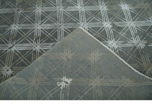 Antique look Charcoal, Ivory and Olive Geometrical Stripes Pattern Hand knotted 6x9 wool and Art Silk Area Rug