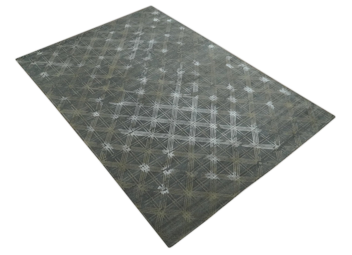 Antique look Charcoal, Ivory and Olive Geometrical Stripes Pattern Hand knotted 6x9 wool and Art Silk Area Rug