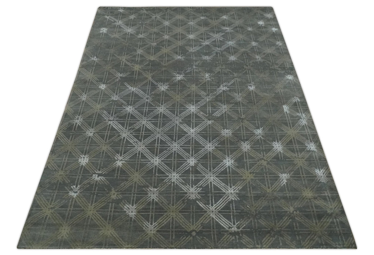 Antique look Charcoal, Ivory and Olive Geometrical Stripes Pattern Hand knotted 6x9 wool and Art Silk Area Rug