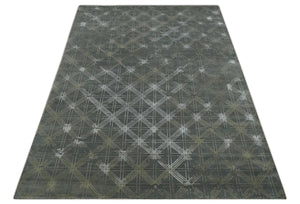 Antique look Charcoal, Ivory and Olive Geometrical Stripes Pattern Hand knotted 6x9 wool and Art Silk Area Rug