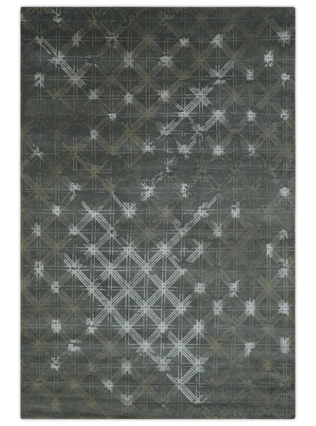Antique look Charcoal, Ivory and Olive Geometrical Stripes Pattern Hand knotted 6x9 wool and Art Silk Area Rug