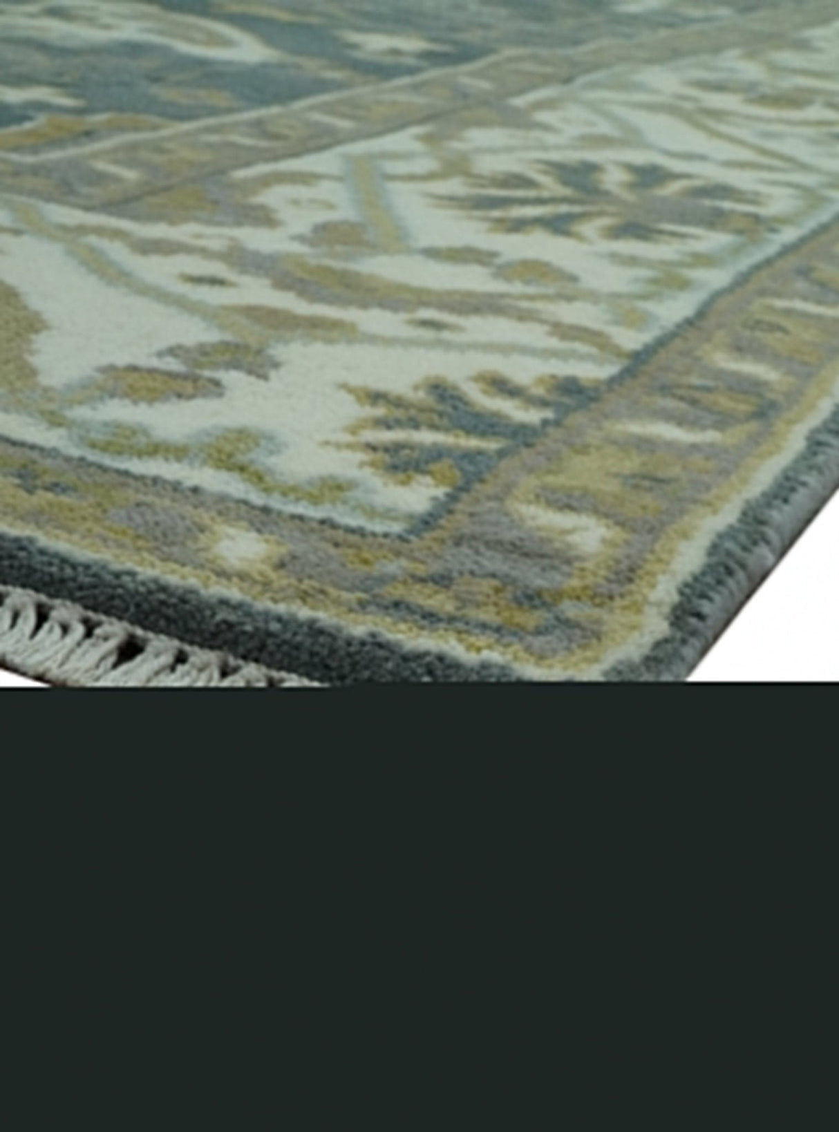 Antique look Charcoal, Ivory and Olive Hand Knotted Traditional Oriental Oushak wool rug