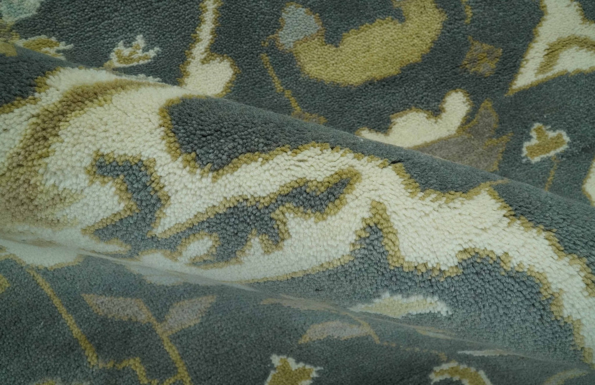 Antique look Charcoal, Ivory and Olive Hand Knotted Traditional Oriental Oushak wool rug