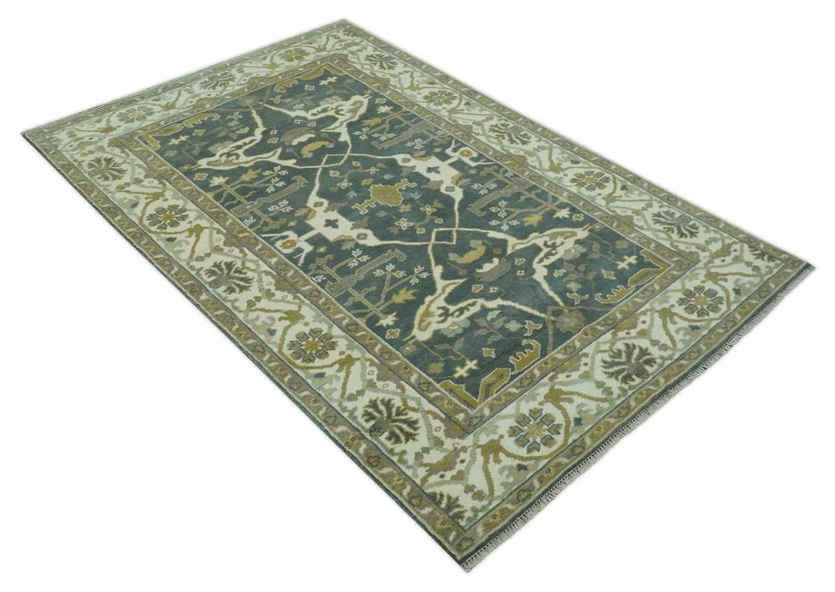 Antique look Charcoal, Ivory and Olive Hand Knotted Traditional Oriental Oushak wool rug