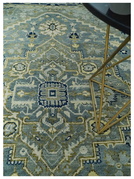 Antique look Gray, Olive and Blue 8x10 Traditional Heriz Hand Knotted wool Rug