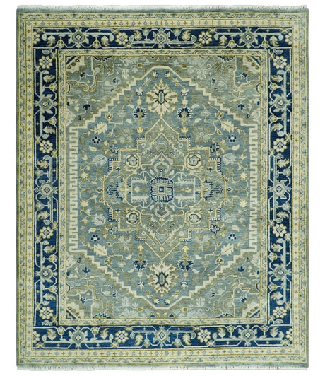Antique look Gray, Olive and Blue 8x10 Traditional Heriz Hand Knotted wool Rug