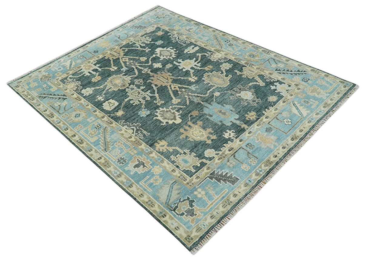 Antique look Green, Aqua and Beige Hand Knotted Traditional Oushak 8x10 wool area Rug