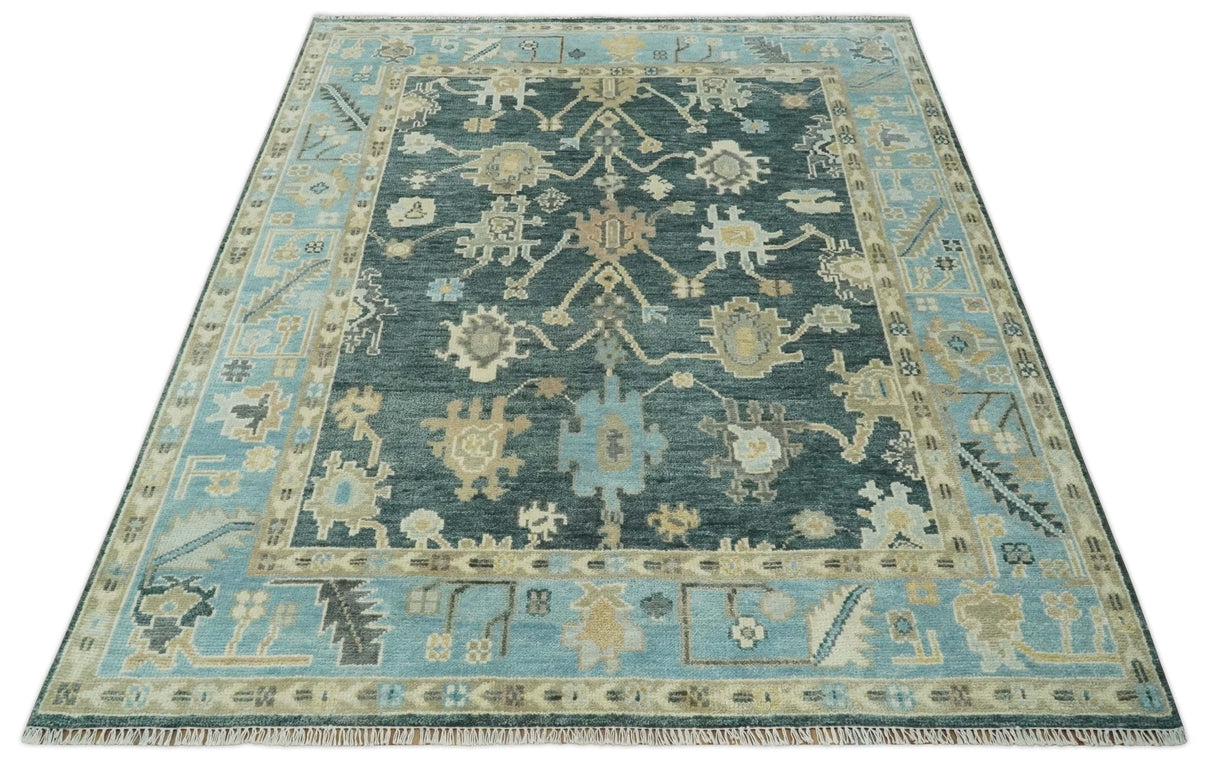 Antique look Green, Aqua and Beige Hand Knotted Traditional Oushak 8x10 wool area Rug