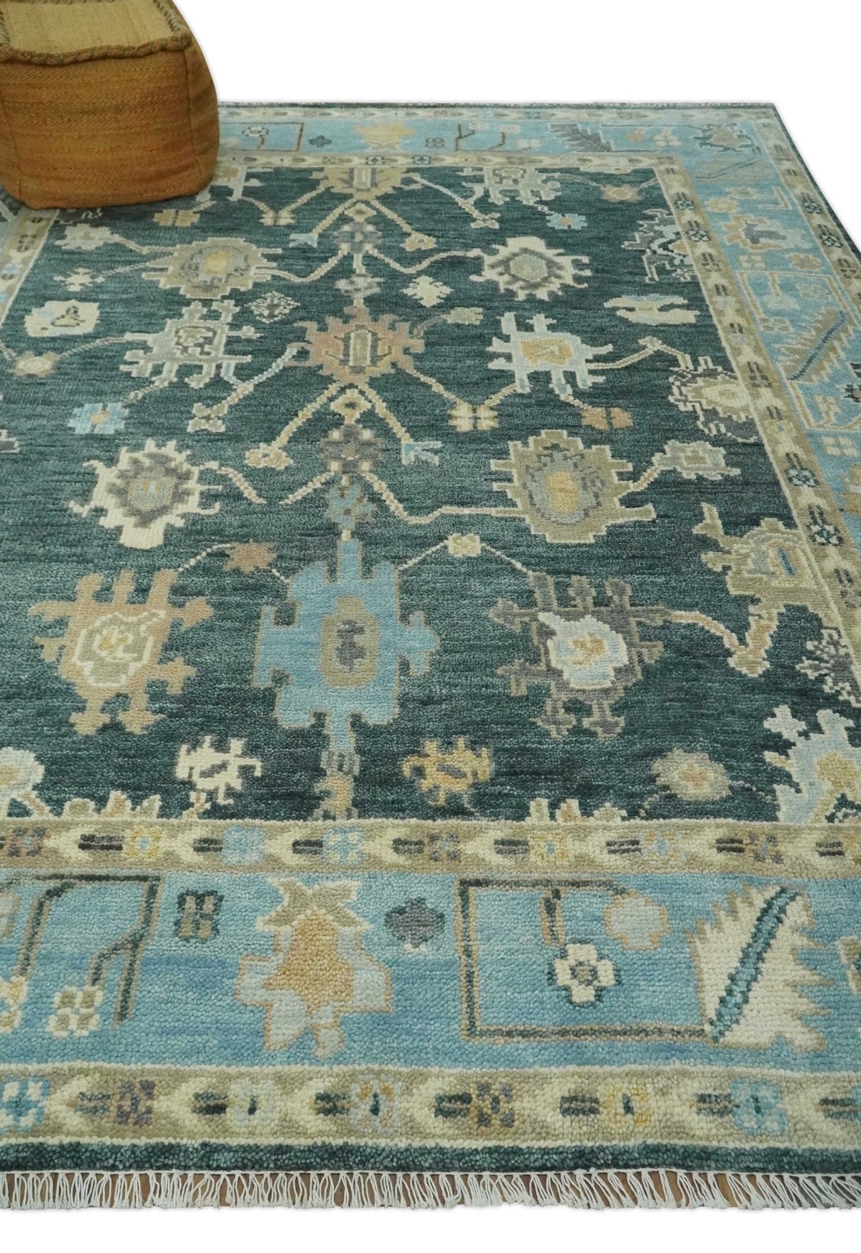 Antique look Green, Aqua and Beige Hand Knotted Traditional Oushak 8x10 wool area Rug