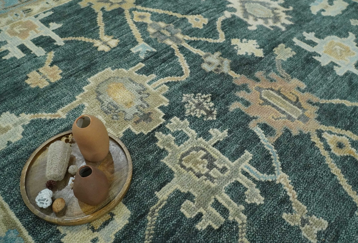 Antique look Green, Aqua and Beige Hand Knotted Traditional Oushak 8x10 wool area Rug