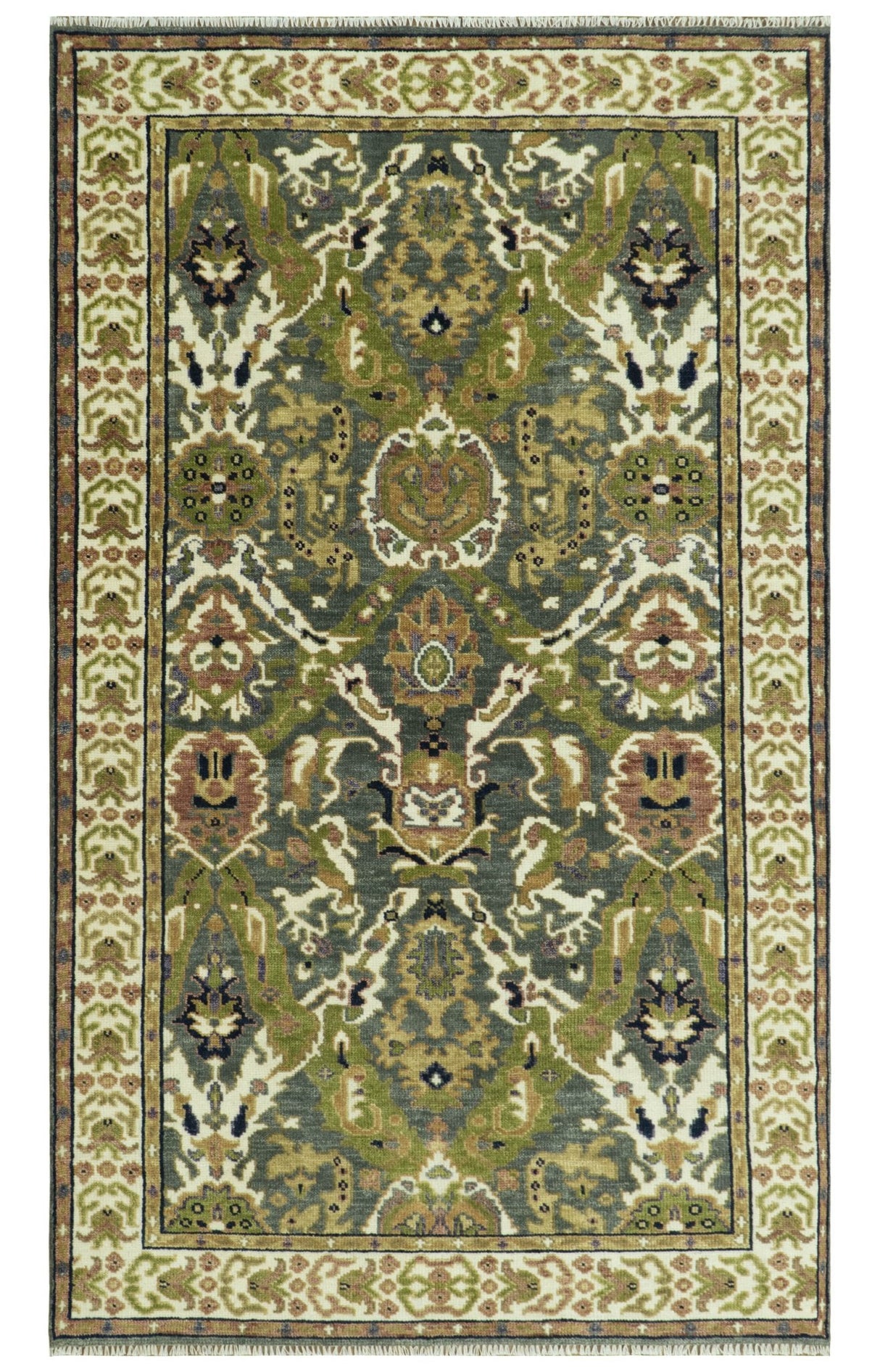 Antique look Hand knotted Green, Ivory and Gray Traditional Large design Multi Size wool Area Rug