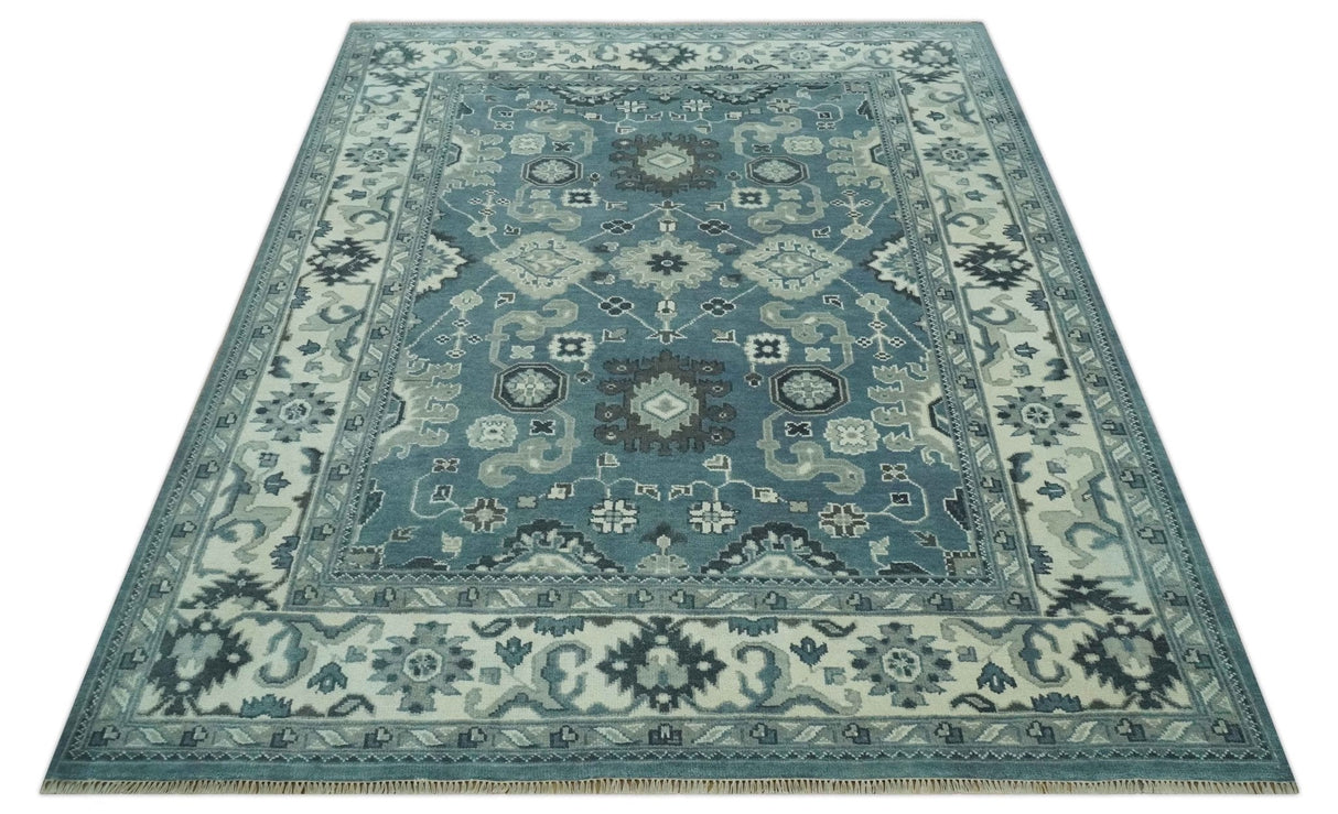 Antique look Shades of Teal and Ivory Traditional Oriental Oushak wool rug