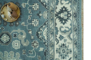 Antique look Shades of Teal and Ivory Traditional Oriental Oushak wool rug