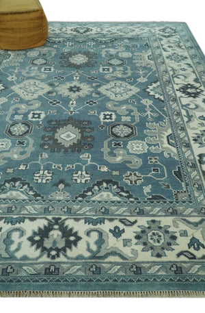 Antique look Shades of Teal and Ivory Traditional Oriental Oushak wool rug