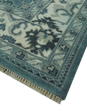 Antique look Shades of Teal and Ivory Traditional Oriental Oushak wool rug
