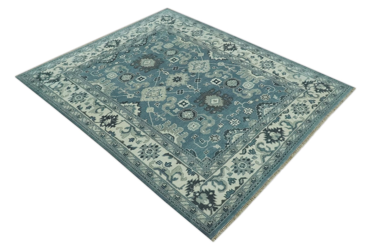 Antique look Shades of Teal and Ivory Traditional Oriental Oushak wool rug