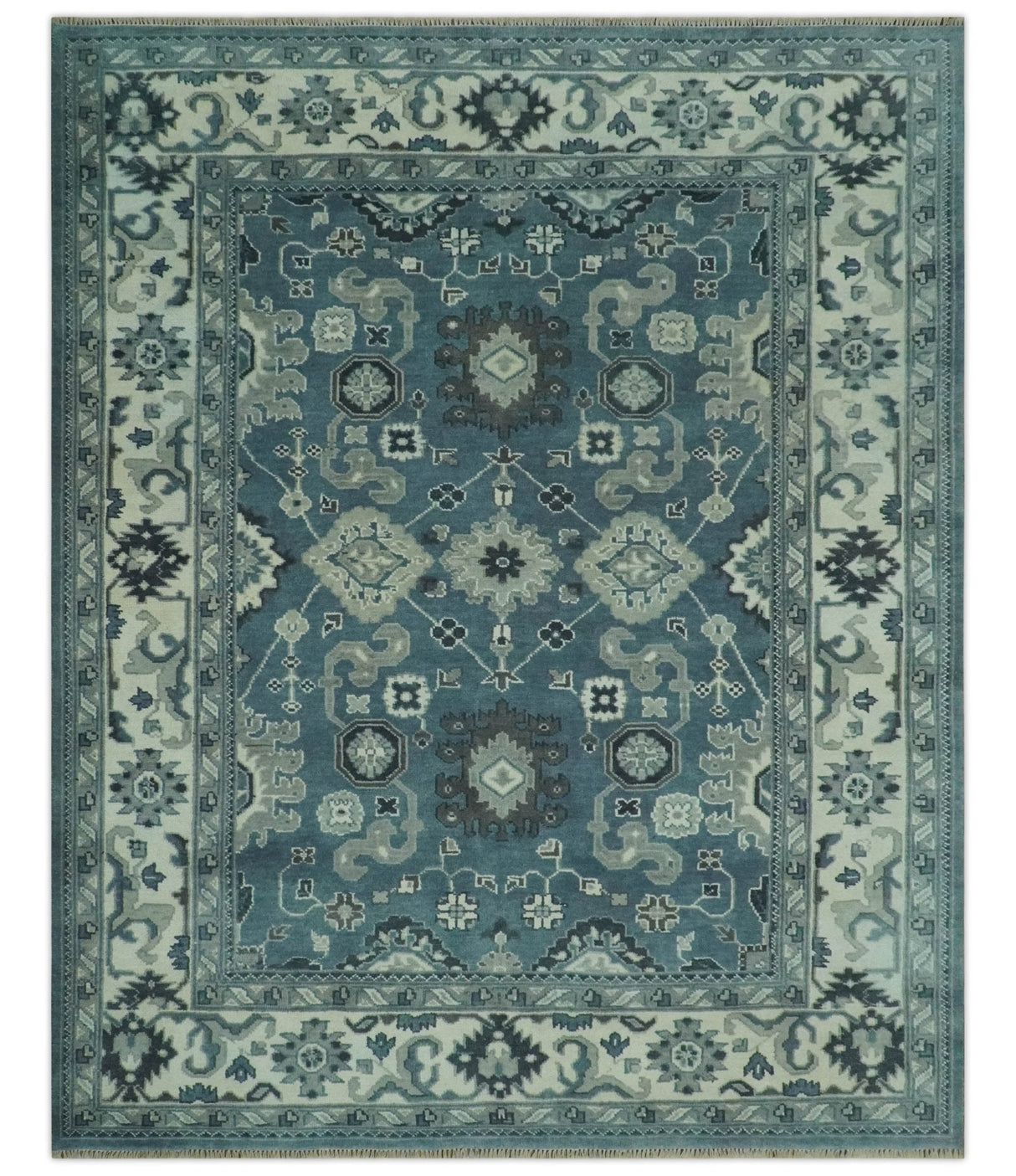 Antique look Shades of Teal and Ivory Traditional Oriental Oushak wool rug