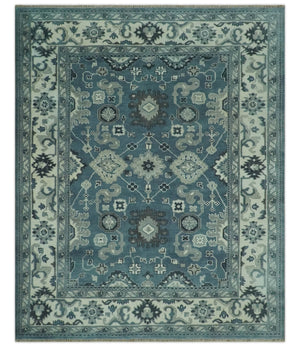 Antique look Shades of Teal and Ivory Traditional Oriental Oushak wool rug