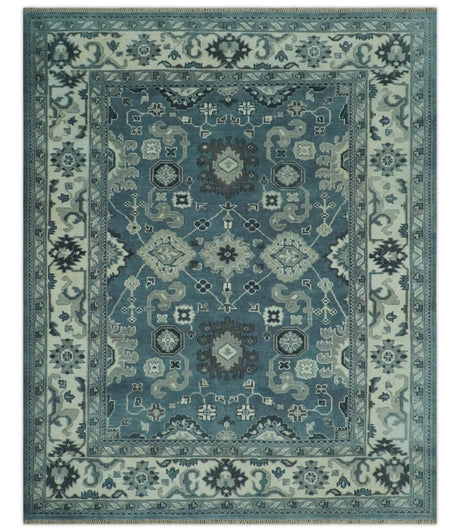 Antique look Shades of Teal and Ivory Traditional Oriental Oushak wool rug