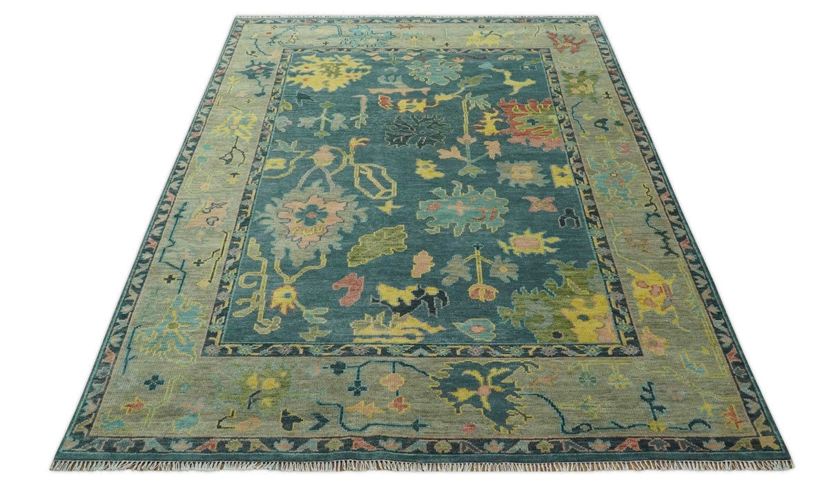 Antique look Teal and Olive 9x12 Hand Knotted Traditional Oushak wool rug