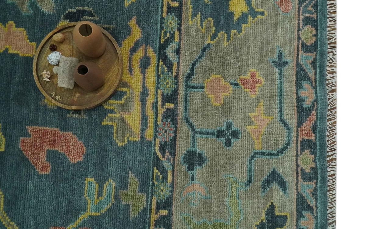 Antique look Teal and Olive 9x12 Hand Knotted Traditional Oushak wool rug