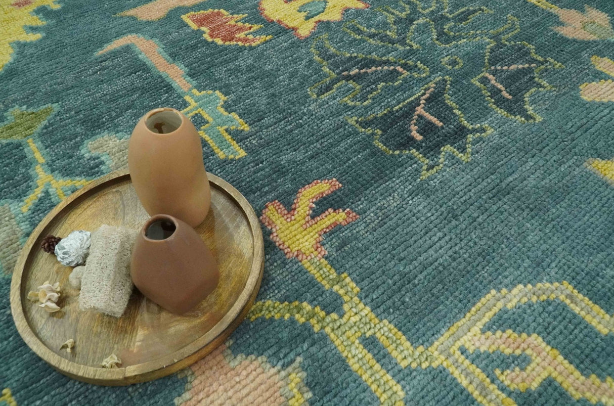 Antique look Teal and Olive 9x12 Hand Knotted Traditional Oushak wool rug