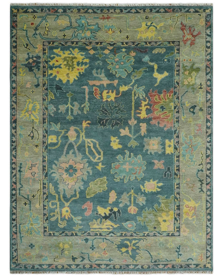 Antique look Teal and Olive 9x12 Hand Knotted Traditional Oushak wool rug