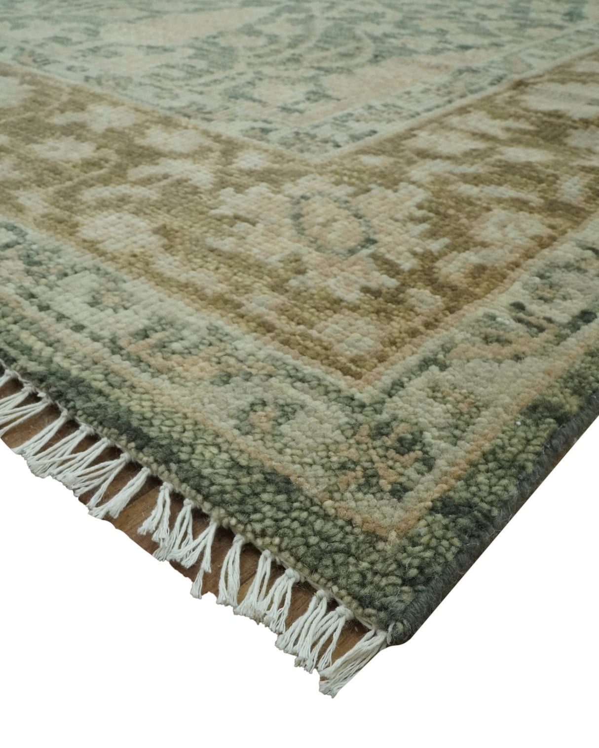 Antique look vintage style 8x10 Green, Beige and Brown traditional Hand Knotted wool rug