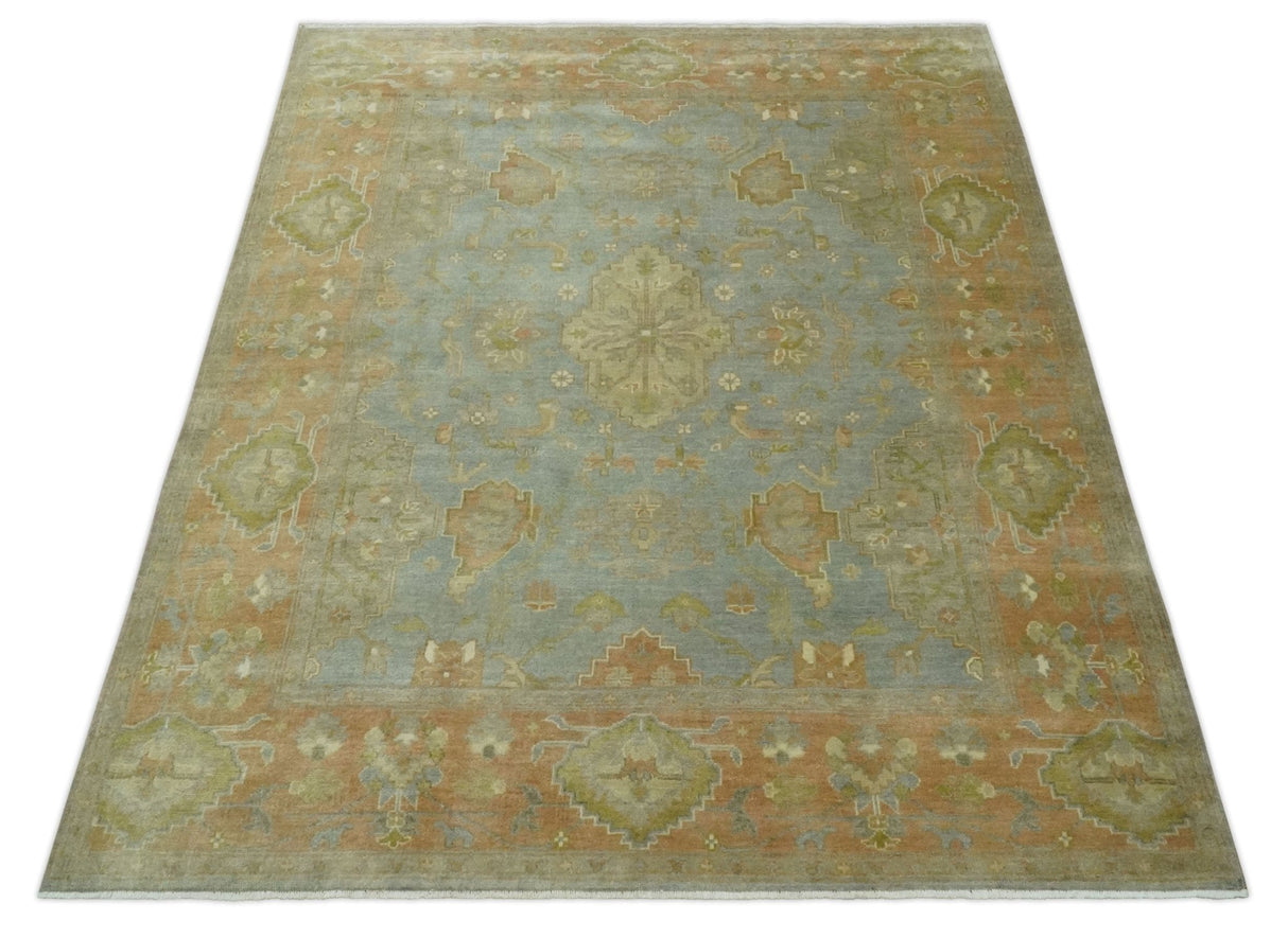 Antique style Gray, Rust and Green Hand Knotted 8x10 Oriental Oushak wool Area Rug