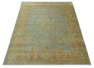 Antique style Gray, Rust and Green Hand Knotted 8x10 Oriental Oushak wool Area Rug