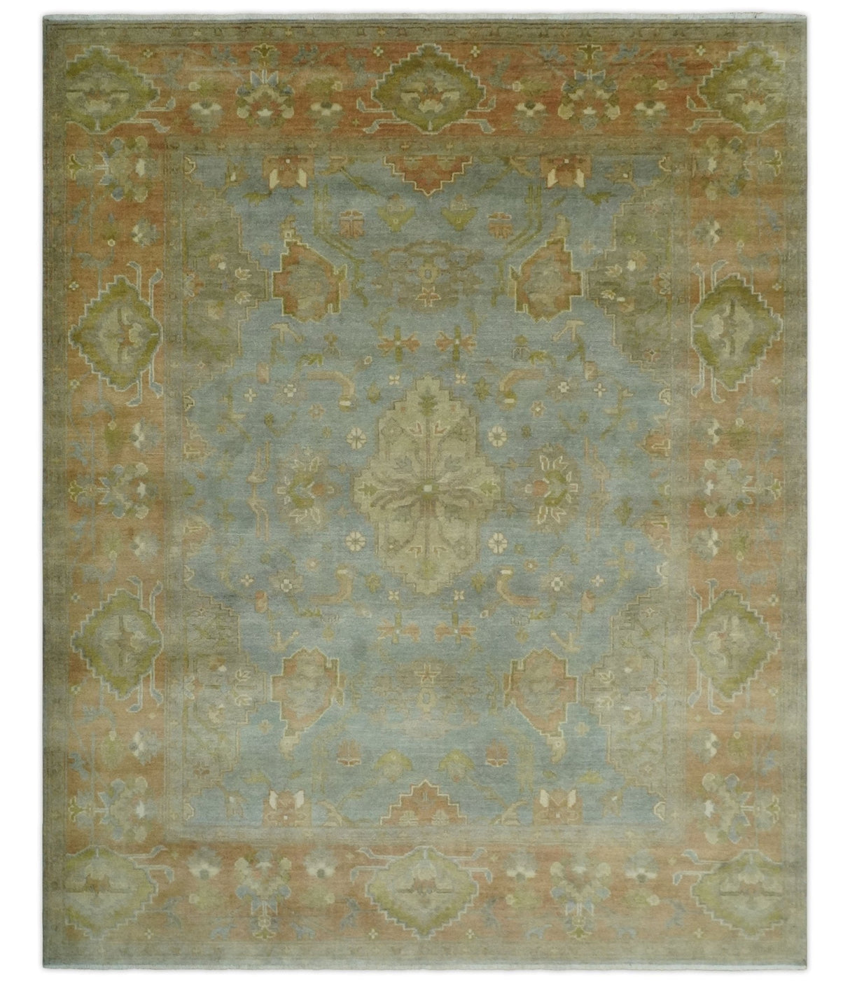 Antique style Gray, Rust and Green Hand Knotted 8x10 Oriental Oushak wool Area Rug