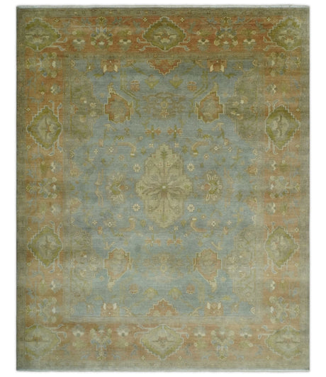 Antique style Gray, Rust and Green Hand Knotted 8x10 Oriental Oushak wool Area Rug