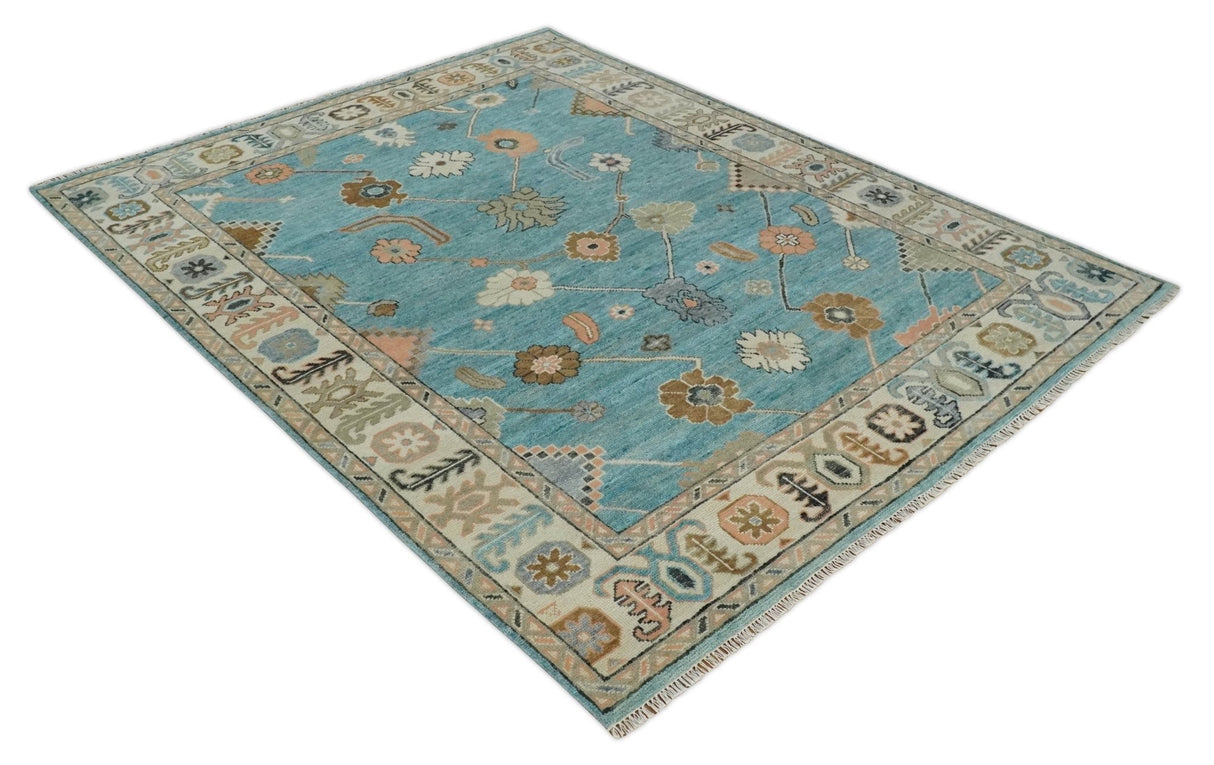 Aqua Blue and Ivory 8x10 Hand Knotted Wool Traditional Oushak Area Rug