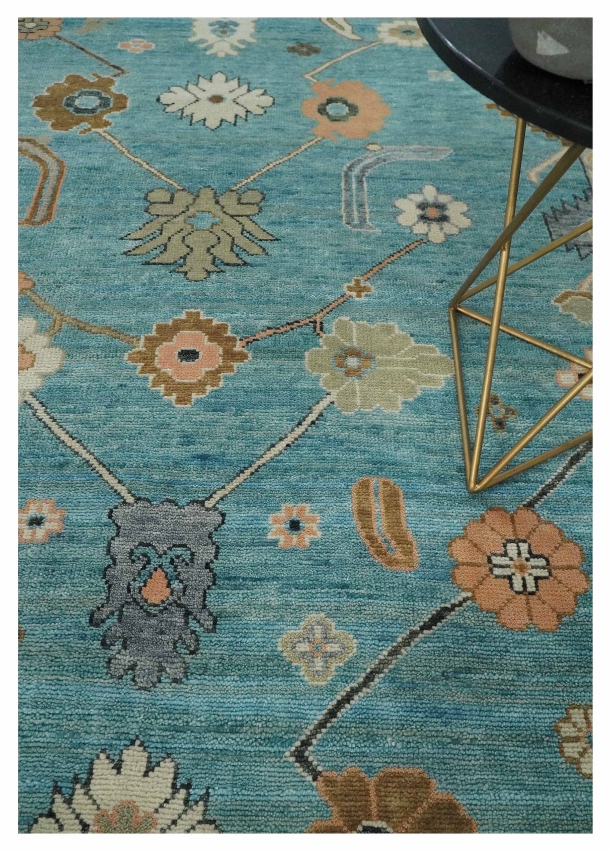 Aqua Blue and Ivory 8x10 Hand Knotted Wool Traditional Oushak Area Rug