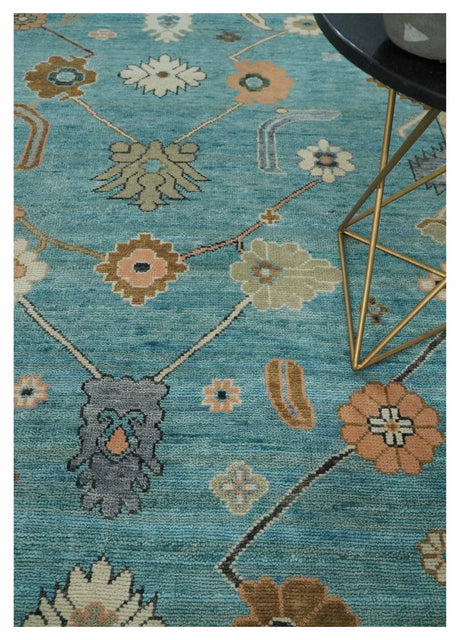 Aqua Blue and Ivory 8x10 Hand Knotted Wool Traditional Oushak Area Rug