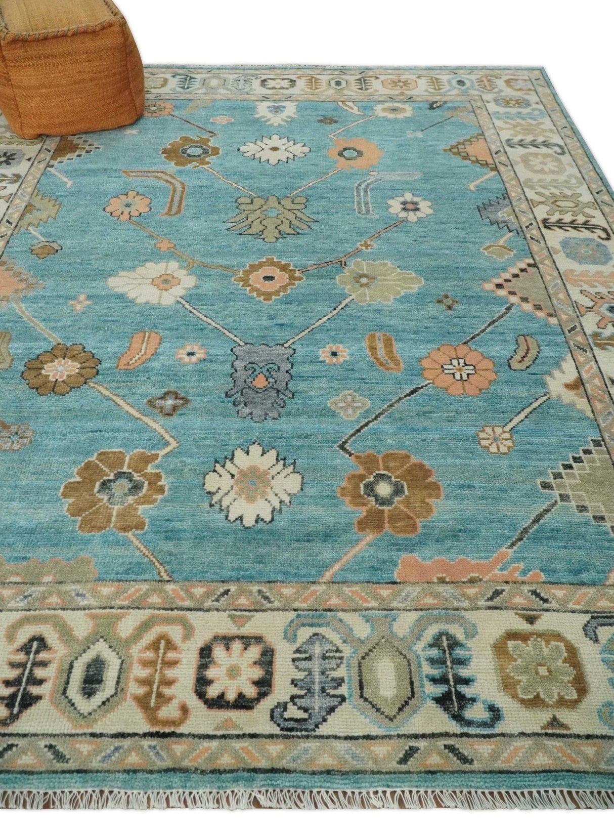 Aqua Blue and Ivory 8x10 Hand Knotted Wool Traditional Oushak Area Rug