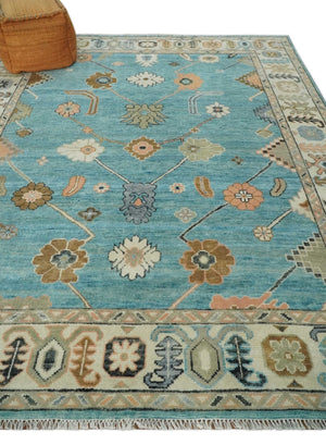 Aqua Blue and Ivory 8x10 Hand Knotted Wool Traditional Oushak Area Rug