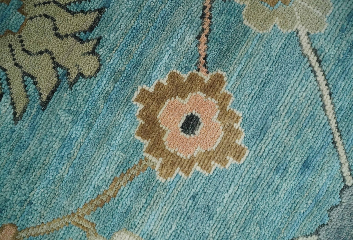 Aqua Blue and Ivory 8x10 Hand Knotted Wool Traditional Oushak Area Rug