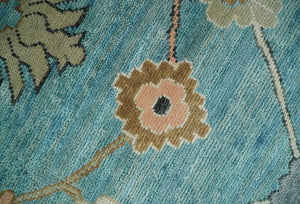 Aqua Blue and Ivory 8x10 Hand Knotted Wool Traditional Oushak Area Rug