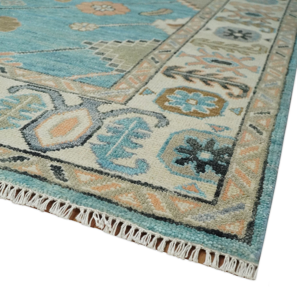 Aqua Blue and Ivory 8x10 Hand Knotted Wool Traditional Oushak Area Rug