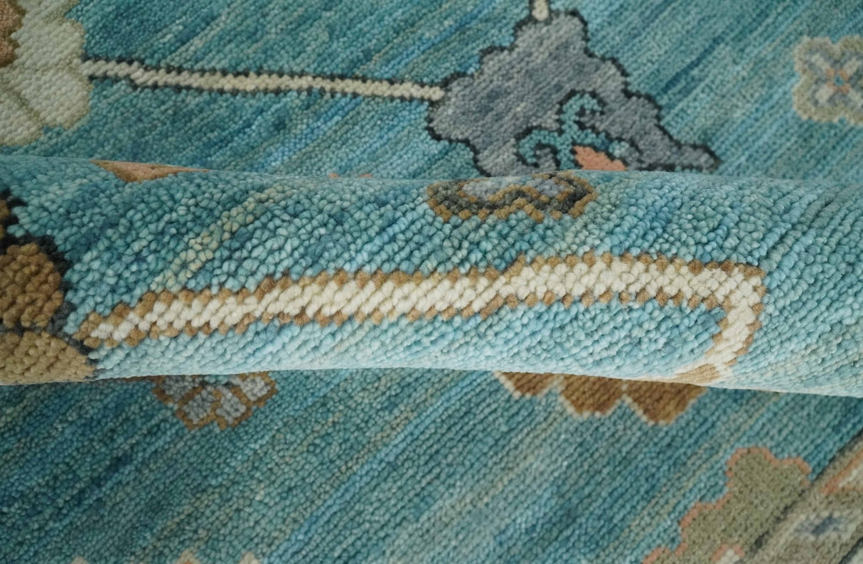 Aqua Blue and Ivory 8x10 Hand Knotted Wool Traditional Oushak Area Rug