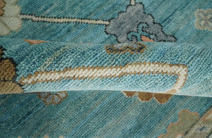 Aqua Blue and Ivory 8x10 Hand Knotted Wool Traditional Oushak Area Rug