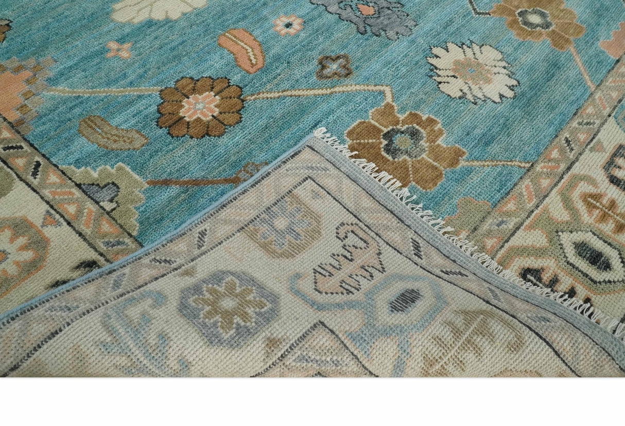 Aqua Blue and Ivory 8x10 Hand Knotted Wool Traditional Oushak Area Rug
