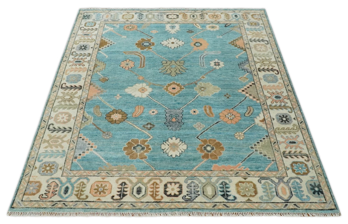 Aqua Blue and Ivory 8x10 Hand Knotted Wool Traditional Oushak Area Rug