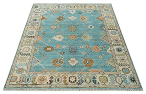 Aqua Blue and Ivory 8x10 Hand Knotted Wool Traditional Oushak Area Rug