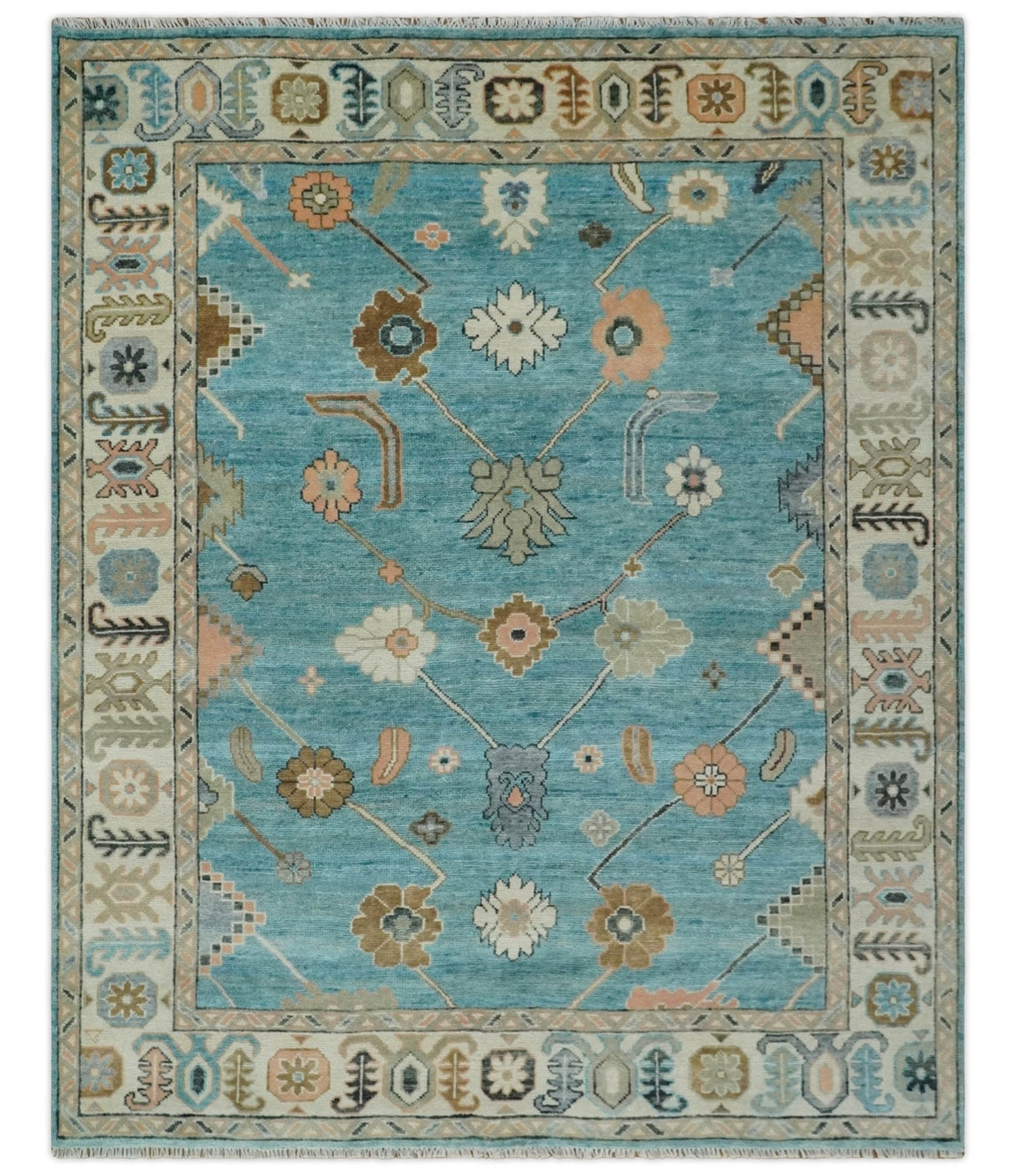 Aqua Blue and Ivory 8x10 Hand Knotted Wool Traditional Oushak Area Rug