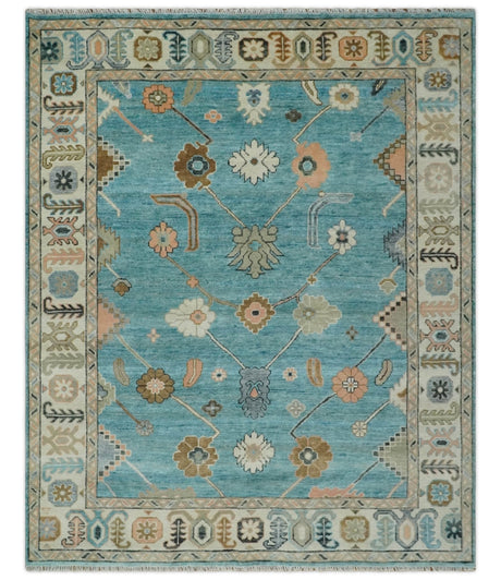 Aqua Blue and Ivory 8x10 Hand Knotted Wool Traditional Oushak Area Rug