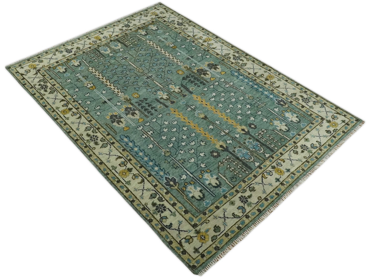Aqua Hand Knotted Green and Ivory Traditional Turkish Vintage Style Wool Rug