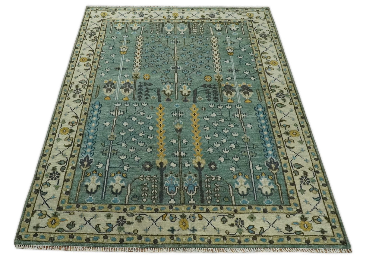 Aqua Hand Knotted Green and Ivory Traditional Turkish Vintage Style Wool Rug