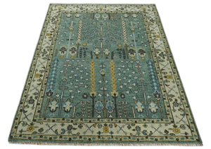 Aqua Hand Knotted Green and Ivory Traditional Turkish Vintage Style Wool Rug